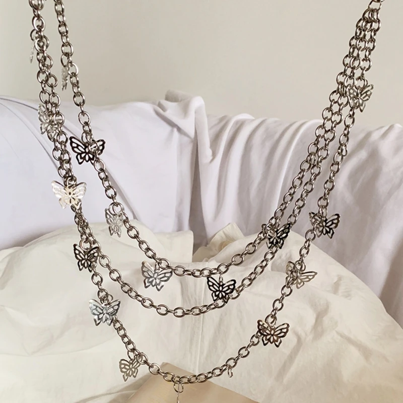 652f Punk Hollow Out Butterfly Chain Chain Three Layer Fashion Antusiasts Decor