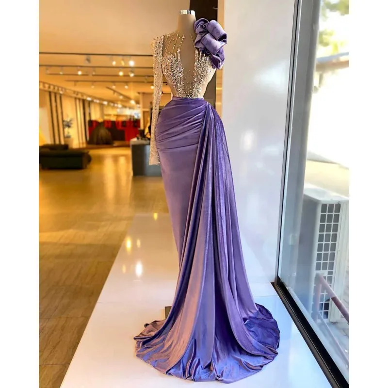 Luxo roxo cetim sereia vestidos de noite 2025 pesado frisado cristais ilusão corpete uma manga 3d flor vestido de baile personalizado