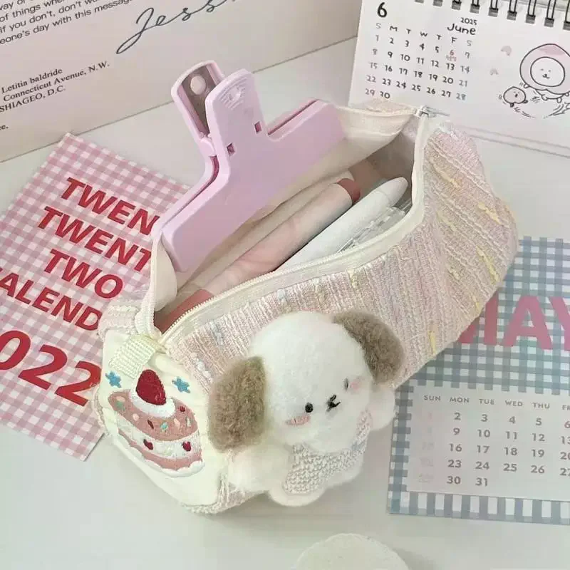 1Pcs Cute Strawberry Cake Puppy Pen Bag Large Capacity Portable Cartoon Pencil Case Zipper Design Student Storage Stationery Bag