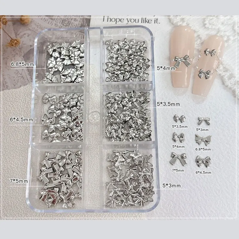 6 rejillas de lazo 3D para decoración de uñas, dijes con forma mixta, joyería con lazo, cinta de gemas para uñas, decoración de manicura dorada y plateada, accesorios para decoración de uñas