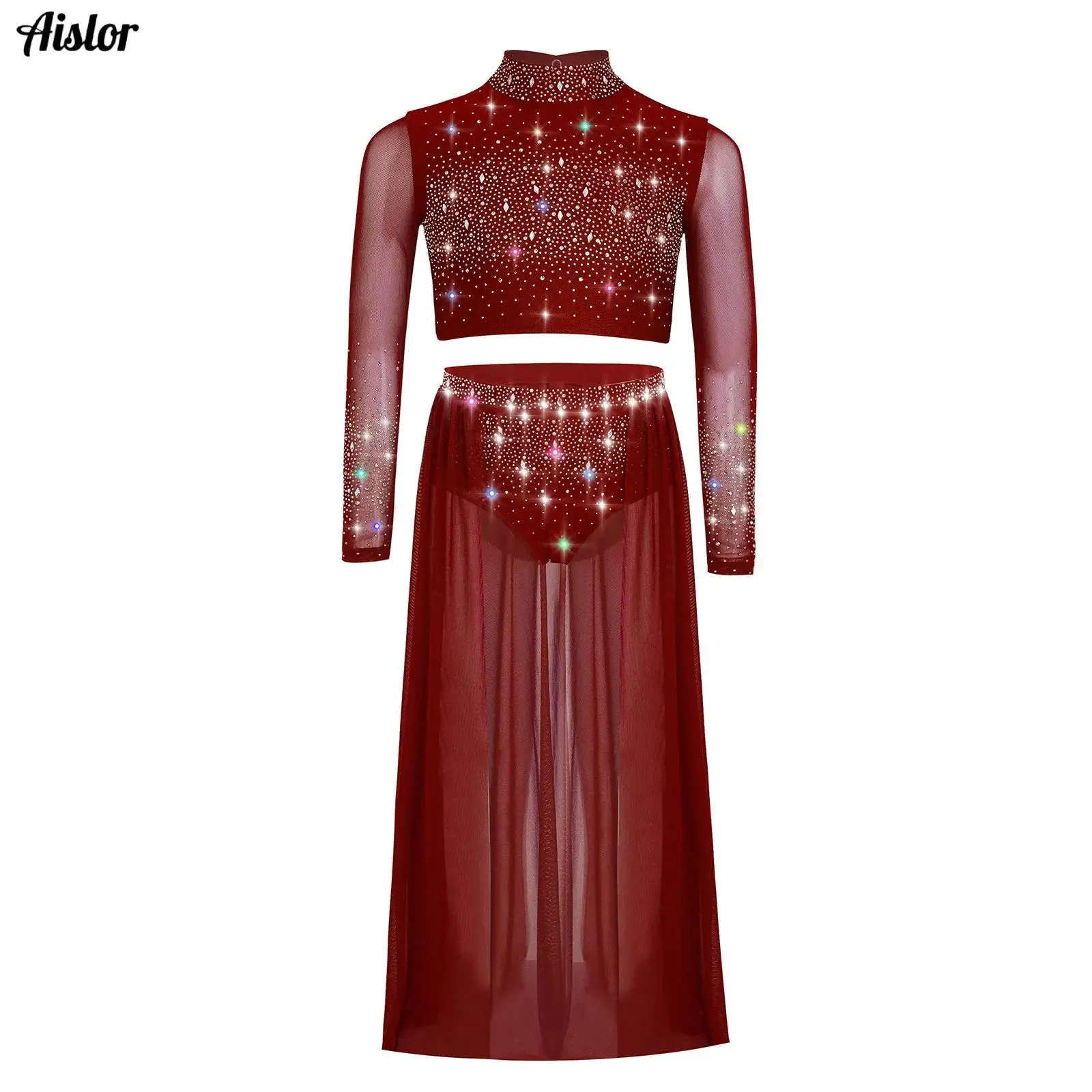 

Kids Girls Lyrical Dance Outfit 2-Piece Long Sleeve Keyhole Back Shiny Rhinestones Crop Top+Open Front Flowy Sheer Mesh Skirt