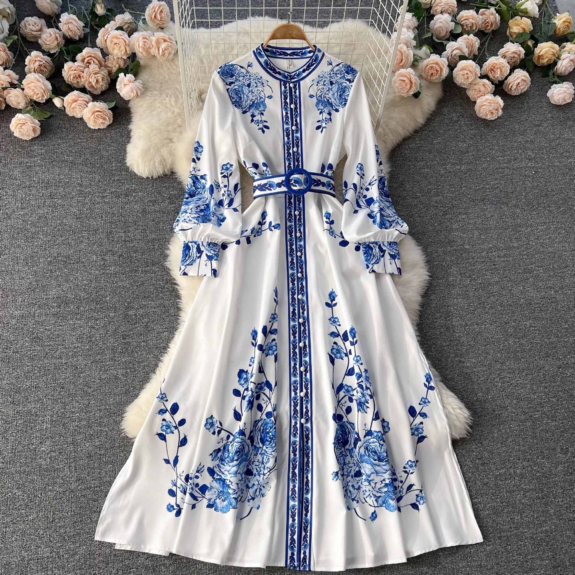 

Palace Style Blue and White Porcelain Print Stand Up Collar Single Breasted Stunning Dress Women's Elegant Long Party Dresses