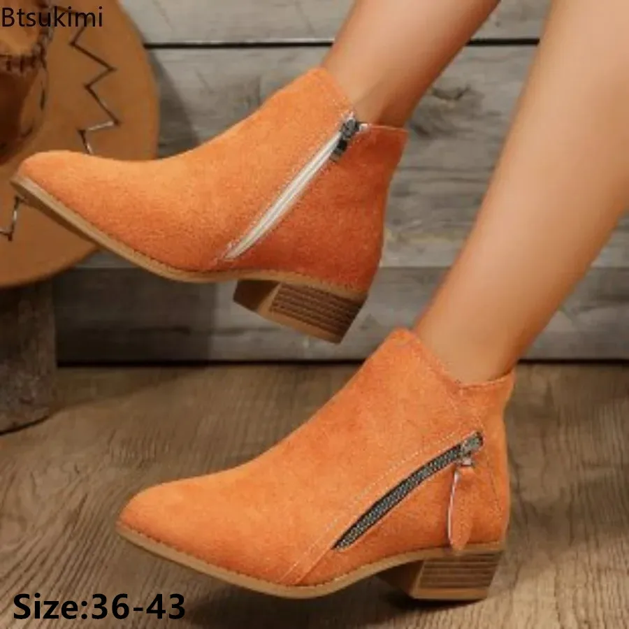 

2024 Women's Casual Western Boots Zipper Side Faux Suede Ankle Boots Female Spring Autumn Pointed Toe Martin Boots Cowgirl Botas