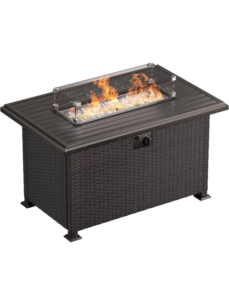

Fire Pit 43 Inch Outdoor Fire Pit Table, 55,000 BTU Wicker fire Table with Lid and Waterproof Table Cover,Clear Glass Ro