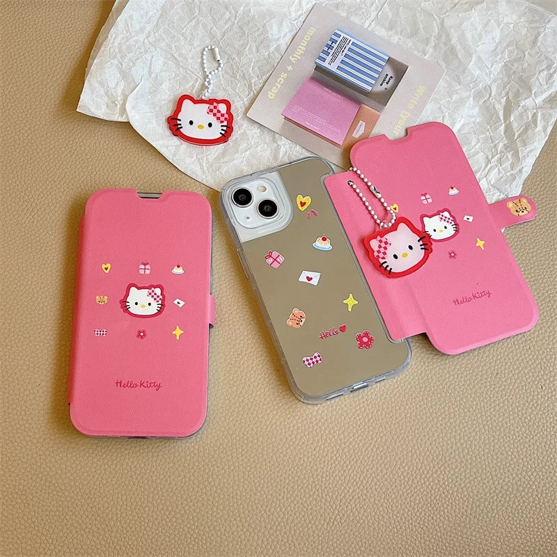 Sanrio Hello Kitty Pendant mirror pink flip Phone Case For iPhone 14 13 12 11 Pro Max Case Cute Luxury cartoon Shockproof Cover