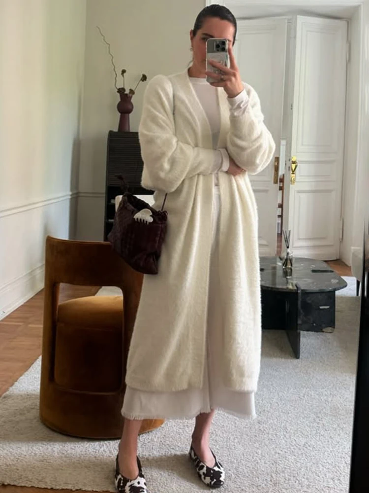 

Talenza Vintage Solid Long Sleeve Cardigan Women Fluffy Warm Female Long Knitted Cardigan Autumn White Oversize Sweater Female