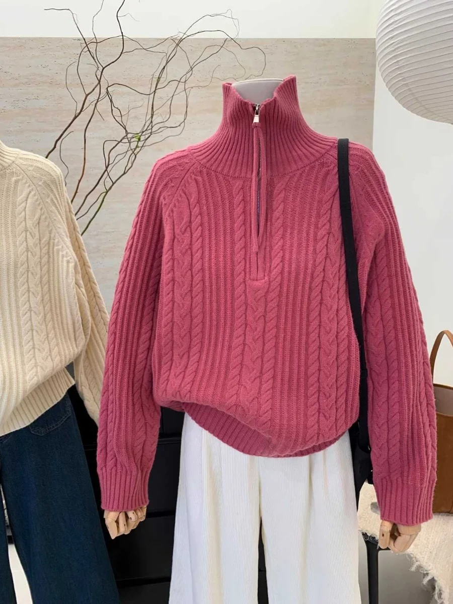 

Осень-зима 2023, корейский дизайн на молнии, женская верхняя одежда с высоким воротником, свитер Lazy Twist Long Sve, теплый