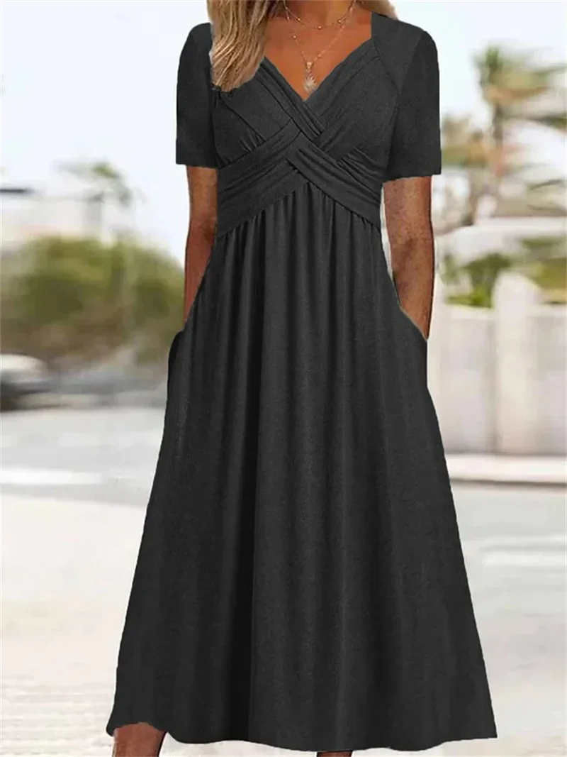 New Crossover Splice V Neck Wrap Bust Dresses Women Summer Short Sleeve Dress Female Casual Solid Color Double Pocket Long Gown