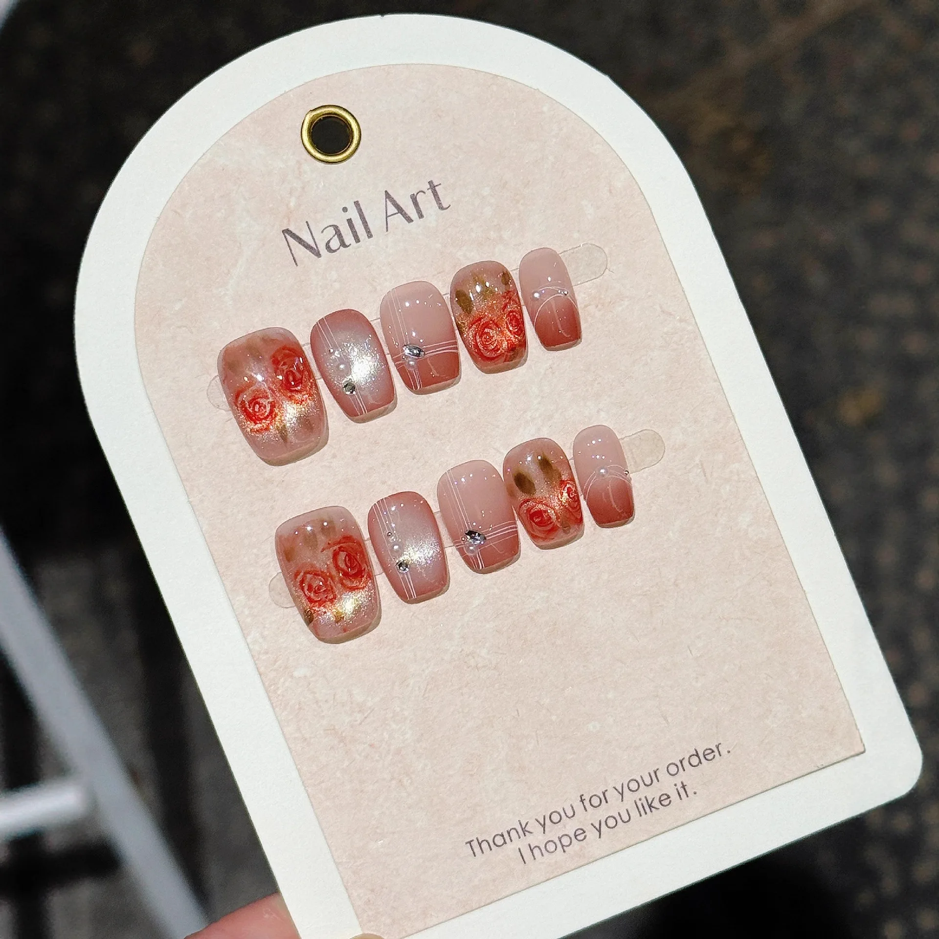 10개입 핸드 드로잉 장미 고양이 눈 반짝이 디자인 네일 스티커 부드러운 요정 짧은 사각형 인조 손톱 재사용 가능한 프렌치 마감 매니큐어