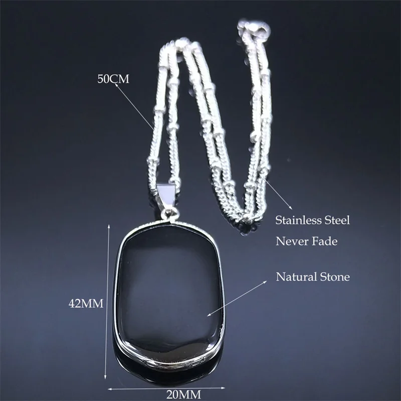 Schwarz Obsidian Geometrische Glück Anhänger Halskette Frauen Boho Naturstein Edelstahl Silber Farbe Halsketten Schmuck NA145S04 – Detail 3