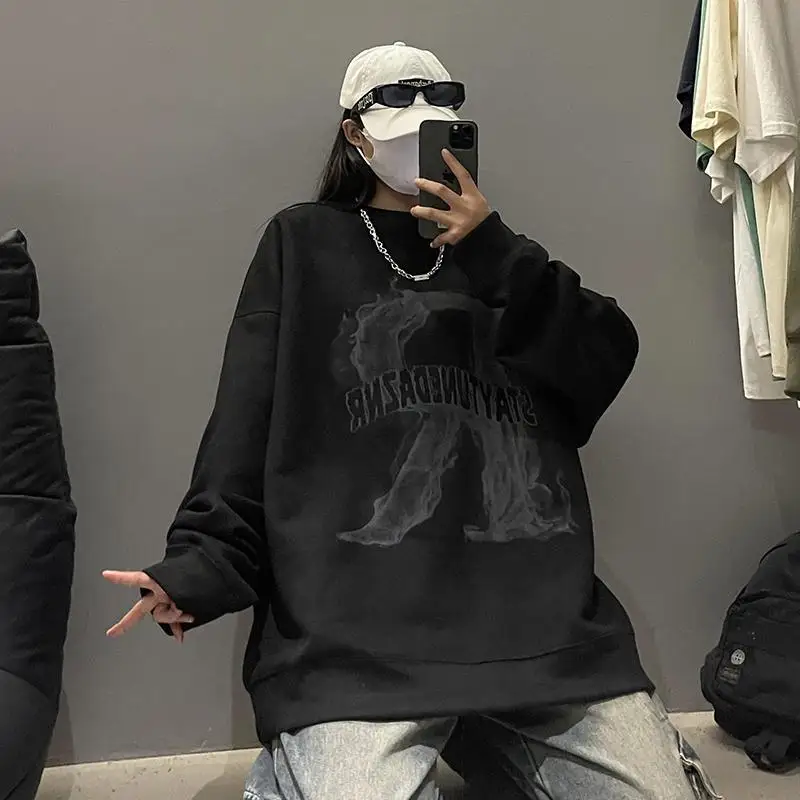 New high end popular suede sweatshirt men round neck autumn American retro vintage fashion brand teen couple tops Harajuku Y2K