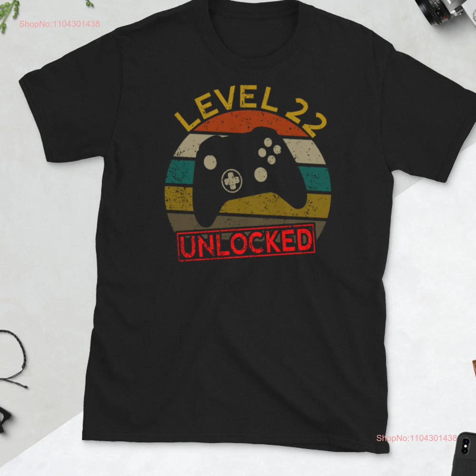 22nd Birthday T Shirt Level 22 Unlocked Years Old Video Game Gaming Twenty Second Gamer Anniversary long or short sleeves