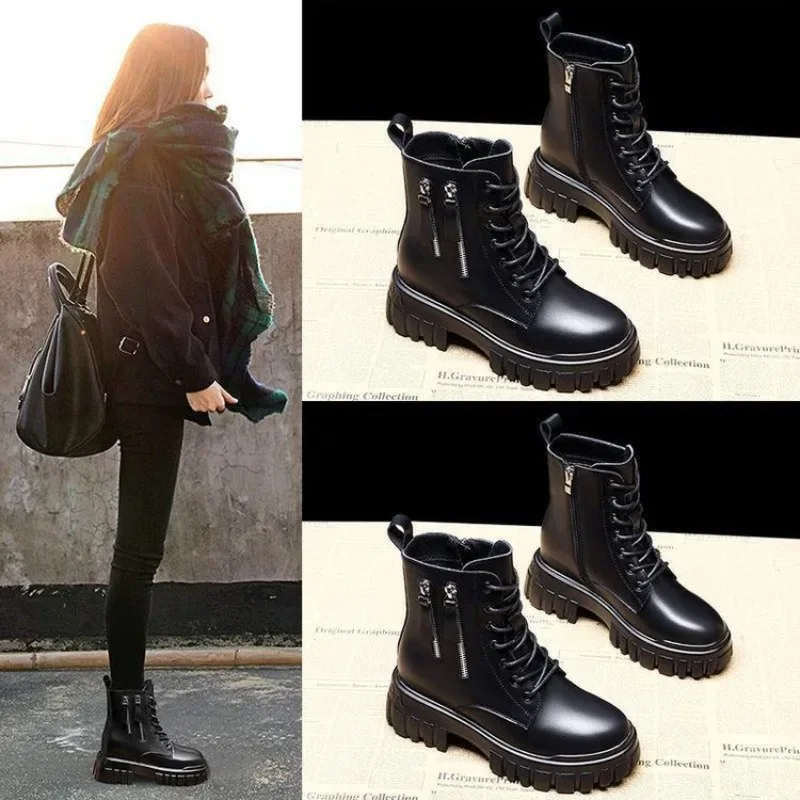 

Hot Sales Women Autumn Round Toe Lace Up Shoes Fashion Motorcycle Goth Platform Boot Black 2023 New Winter PU Leather Ankle Boot