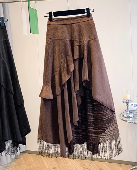 تنانير نسائية كبيرة الحجم للخريف جديدة غير منتظمة بشراشيب تنانير كبيرة متأرجحة لتقليل العمر على شكل حرف a تنانير شارع متعددة الاستخدامات #5