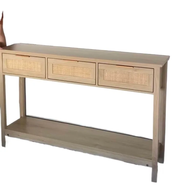 

Nordic simple entrance table solid wood rattan three drawers locker living room aisle home decoration cabinet sofa back few