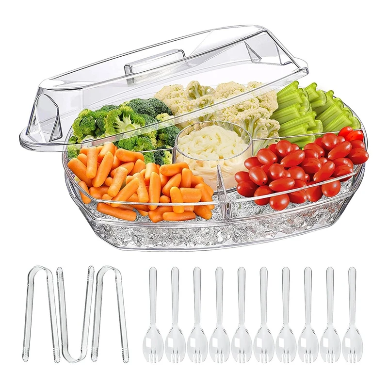 DW-Chilled Fruit Tray, 15 Inch Clear Platter with 4 Compartments, with Lid for Christmas,Thanksgiving,Camping