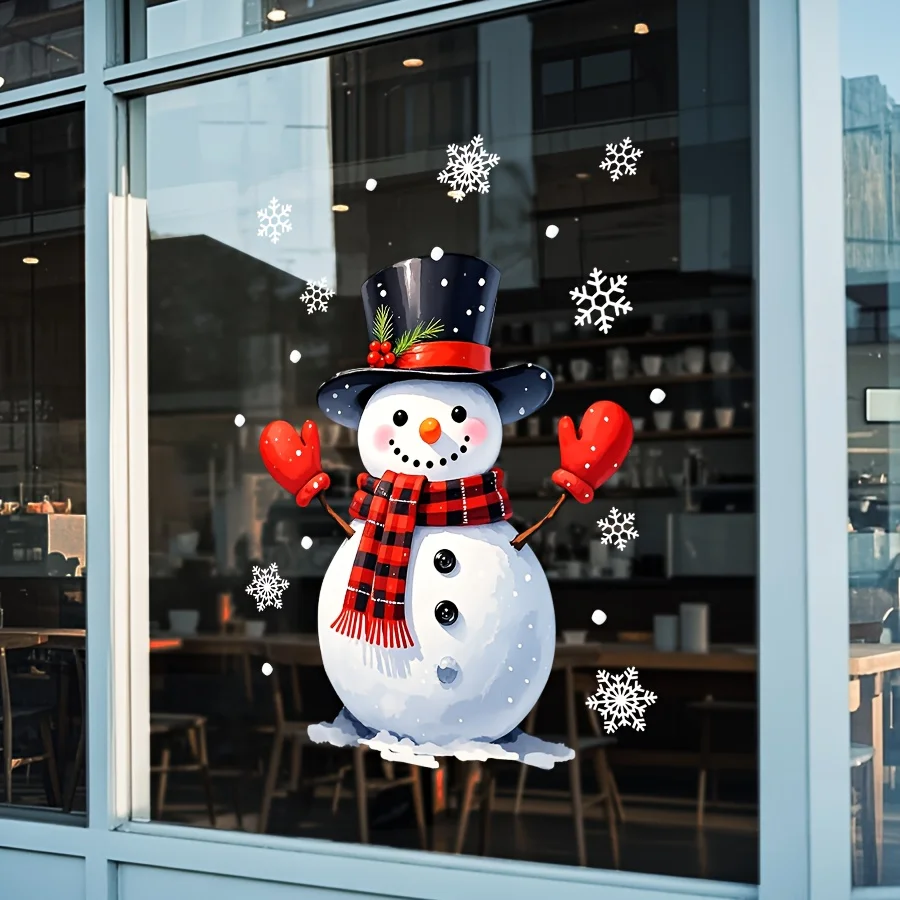 1 Stück Weihnachts-Fensteraufkleber mit Weihnachts-Schneemann und weißen Schneeflocken, geeignet für Zuhause, Fenster, Urlaub, Party-Dekorationen
