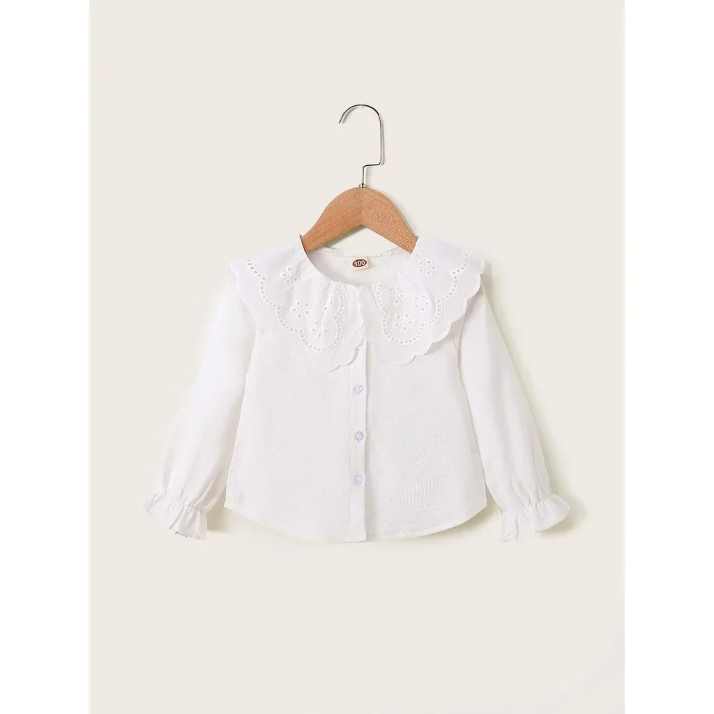 Kids Girl Long Sleeve Top Lace Collar Korean Style White Button T-Shirt Spring&Autumn Casual Clothing for Toddler Girl 1-6 Years