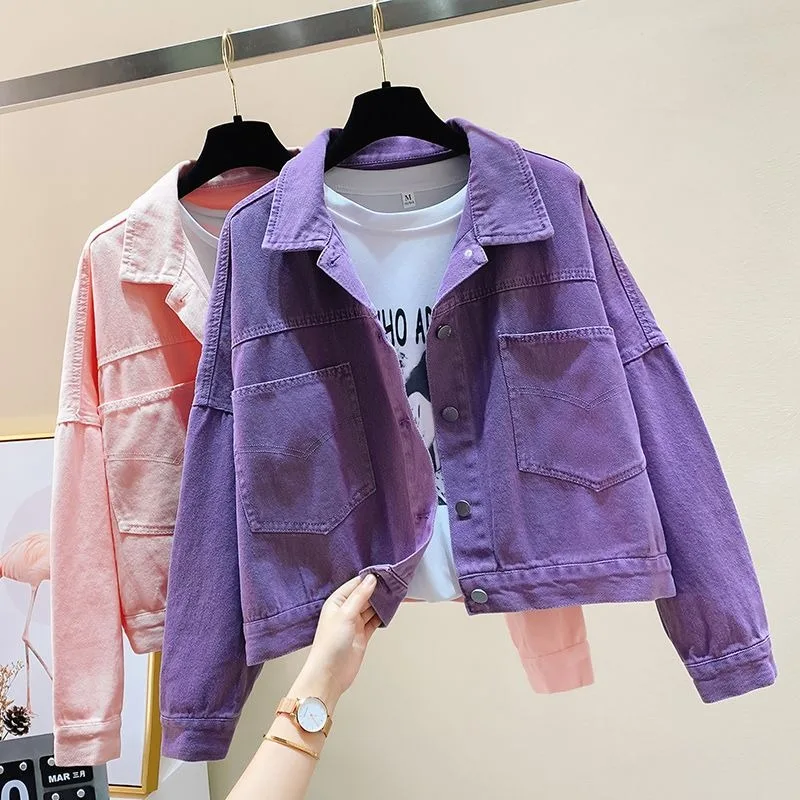 Purple Short Coats Denim Jackets Women\'s 2024 New Trendy Streetwear Spring Autum Casual Vest Loose Candy Colored BF Blouse Top