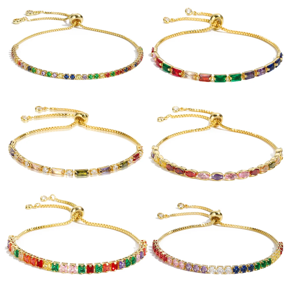 Luxury Rainbow Adjustable Multicolor Tennis Bracelets For Women Ladies Wedding Colorful Zircon Charm Bracelet Hand Chain Jewelry