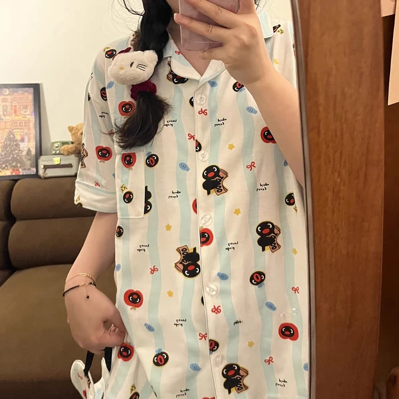 

Pure Cotton Summer Spwear ort Sve Pants Set Cartoon Cute Stripes Home Clothes Women's ort Sve Sp Suit