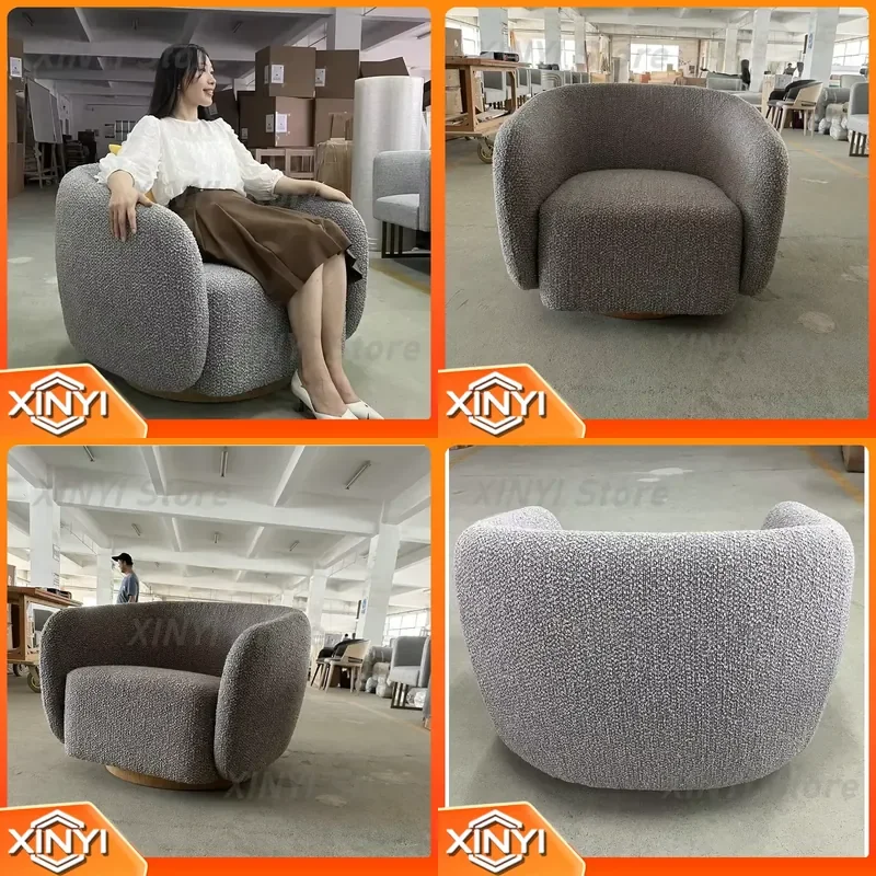 High End Wooden Swivel Accent Chair for Hotel Living Room Modern Grey Boucle Leisure Sofa Chair Casual Home Furniture