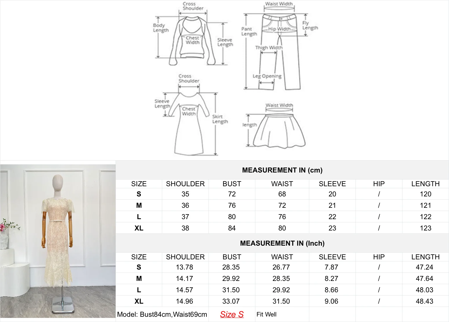 Weißes, kurzärmliges Midikleid mit Perlen und Diamanten und Spitze