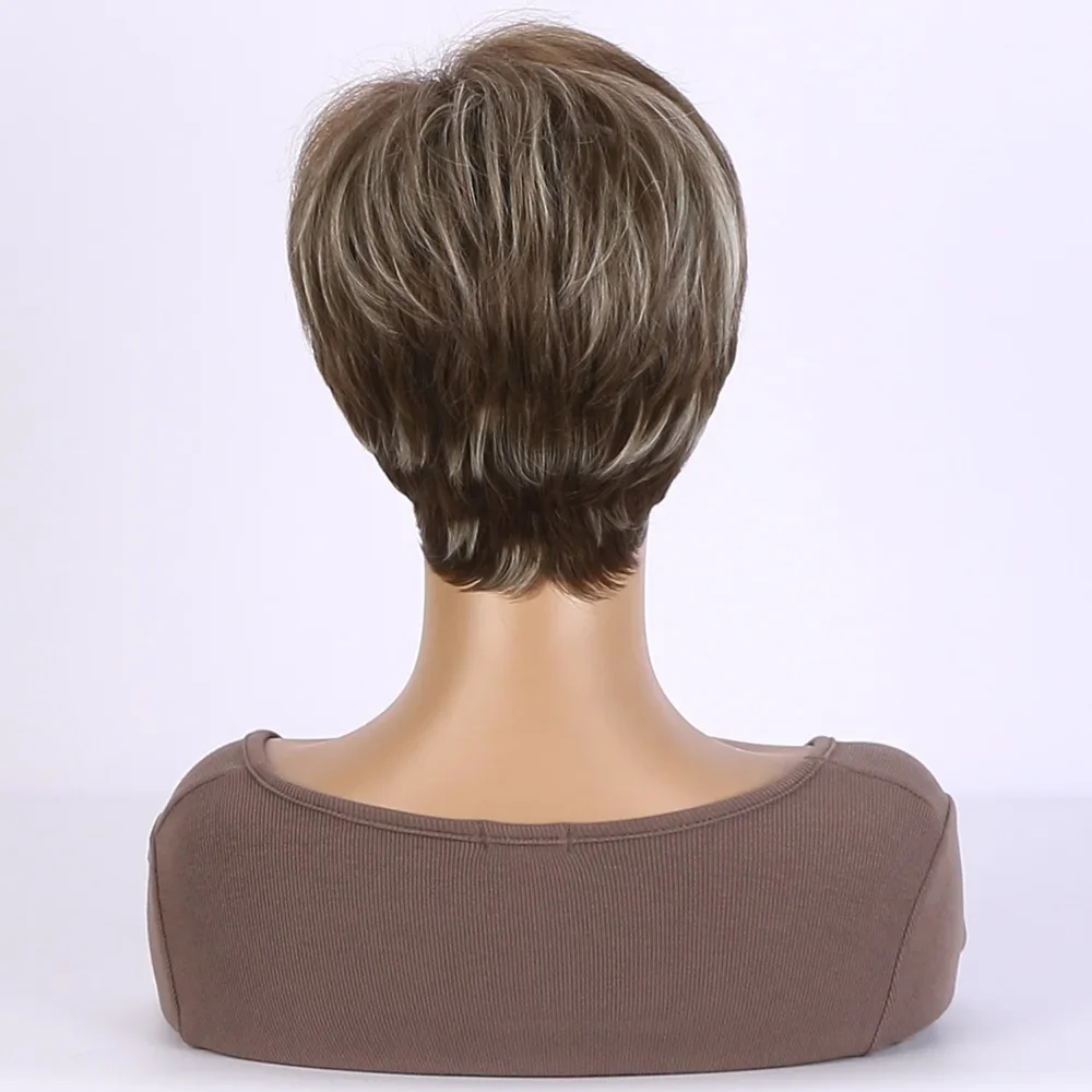 Peruca reta curta sintética com franja para mulheres, perucas castanhas misturadas naturais, fibra resistente ao calor, uso diário