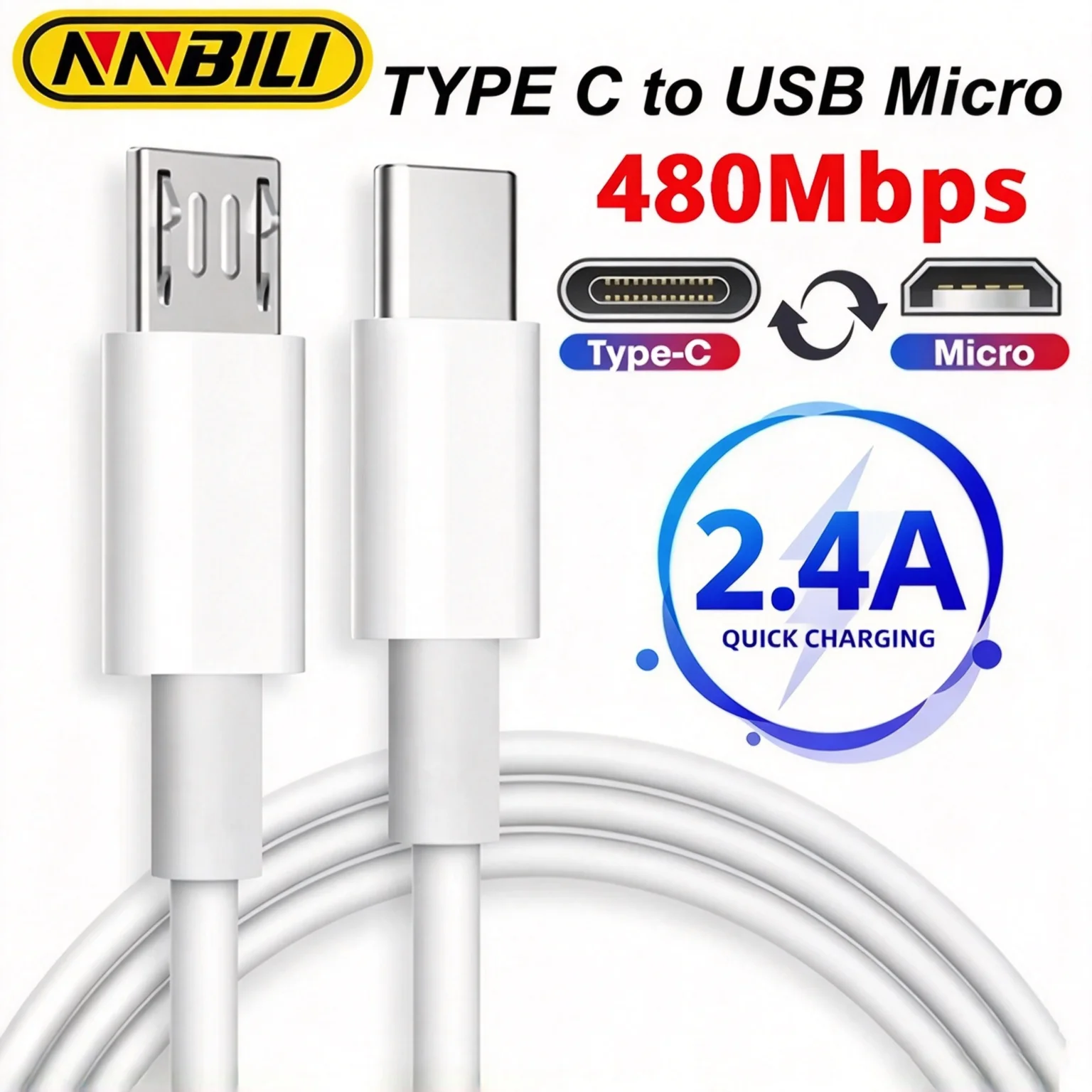 NNBILI USB-C auf Micro-USB 2,4A Schnelllade-Datenkabel Typ-C-Stecker auf Micro-USB-Stecker Schnellladegerät-Adapter für Huawei, Samsung, Xiaomi