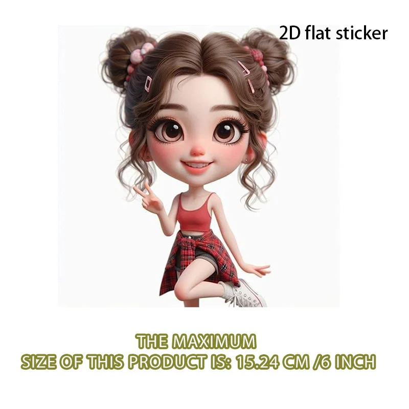 2D Flat Double Bun Fashion Girl Red Plaid Vinyl Sticker For Car Laptop Water Bottle Wall Cup Decor