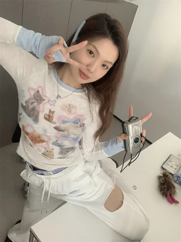 Sweet Y2k magliette manica lunga contrasto colore Cartoon Print estetica Crop top primavera donna Slim Gyaru 2000s abbigliamento ragazza