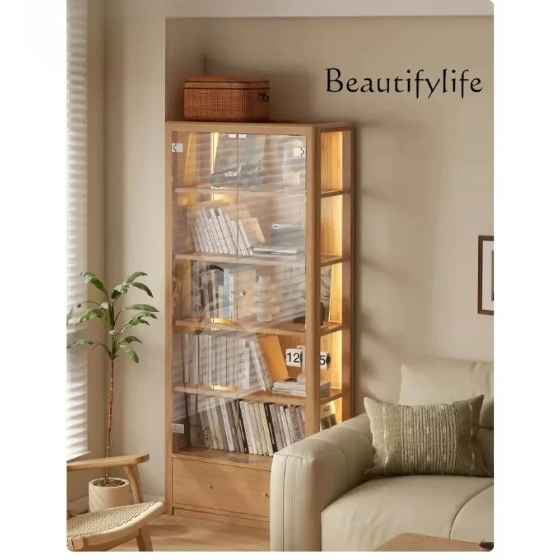

Nordic medieval style solid wood floor-to-ceiling glass door bookshelf figure display cabinet