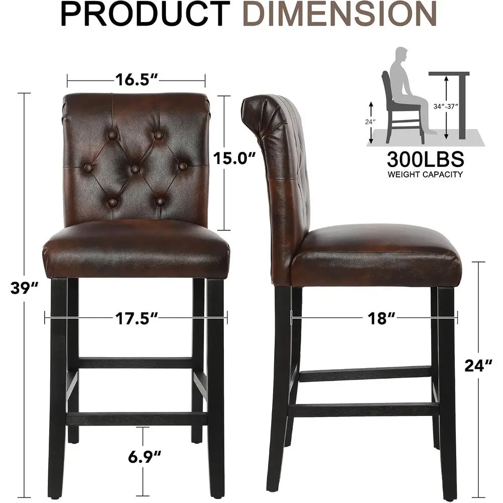 24 Inches Leather Counter Height Stools Set o 4 with Solid Wood Legs Bar Chairs or Kitchen lsland & Dining Room(Brown,4PCS)