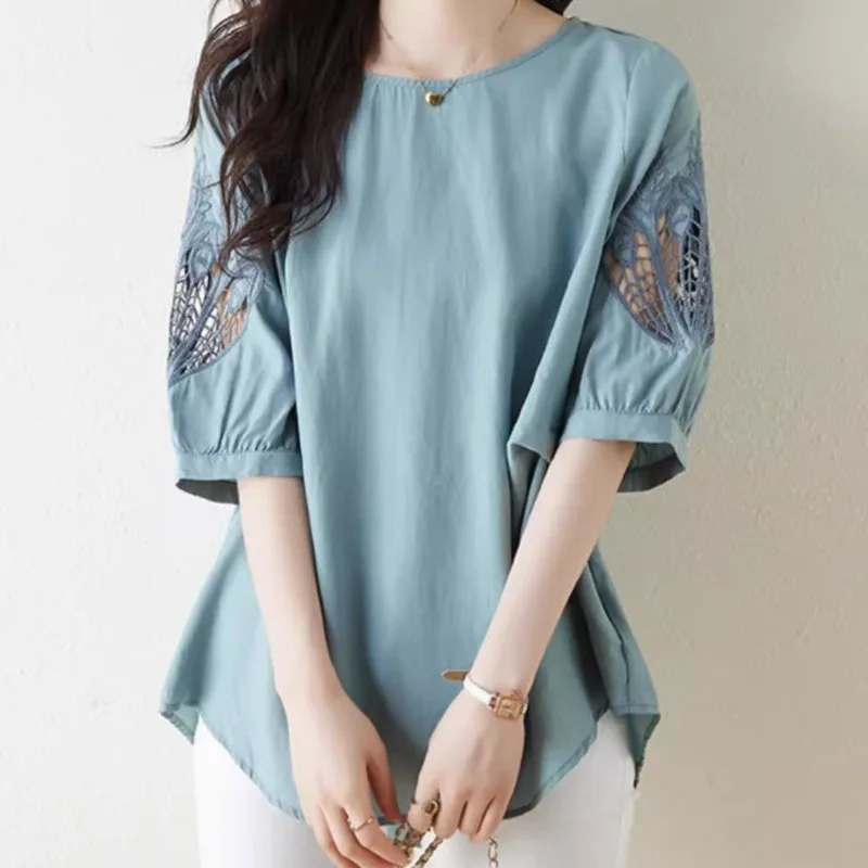 Temperament Solid Color Round Neck Summer Women's Hollow Out Lace Fashion Single Breasted Half Sleeve Loose Chiffon Shirt Tops