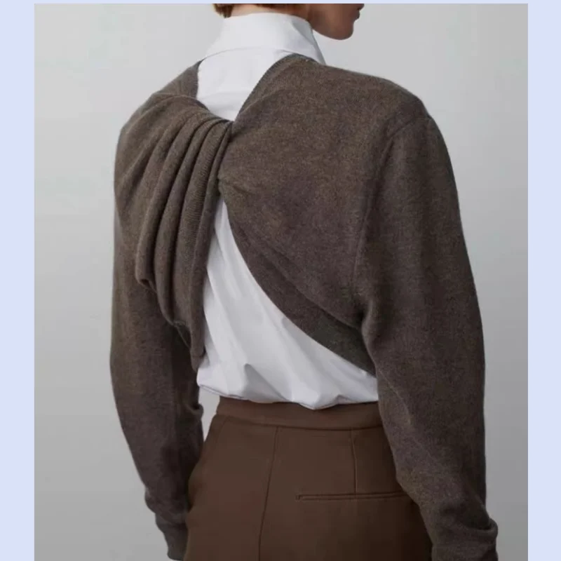 

Новый женский минималистичный короткий вязаный шерстяной топ с перекрученным воротом для повседневной носки, коллекция ранняя весна 2026 года