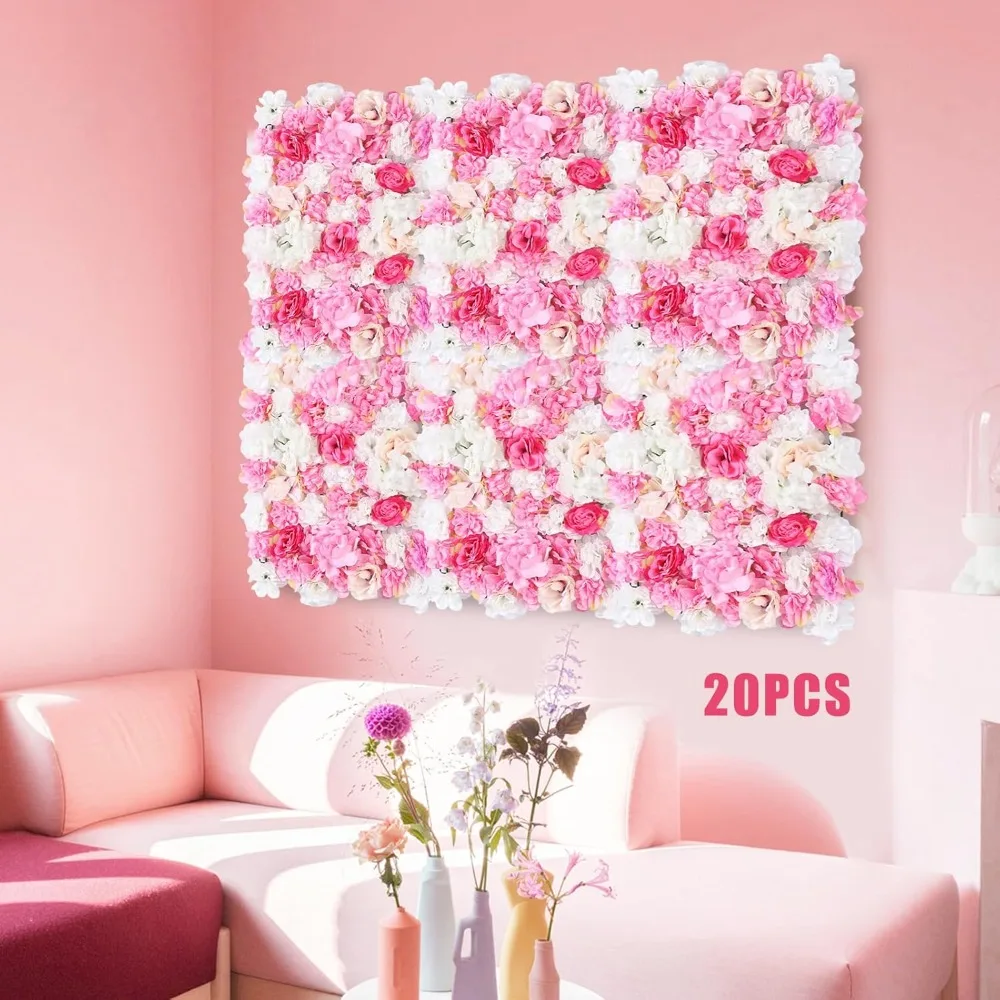 

20Pcs Artificial Flower Wall Panel 3D Silk Rose Mat Artificial Flower Wall Rectangle Decorative Backdrop Flower Panels Wall