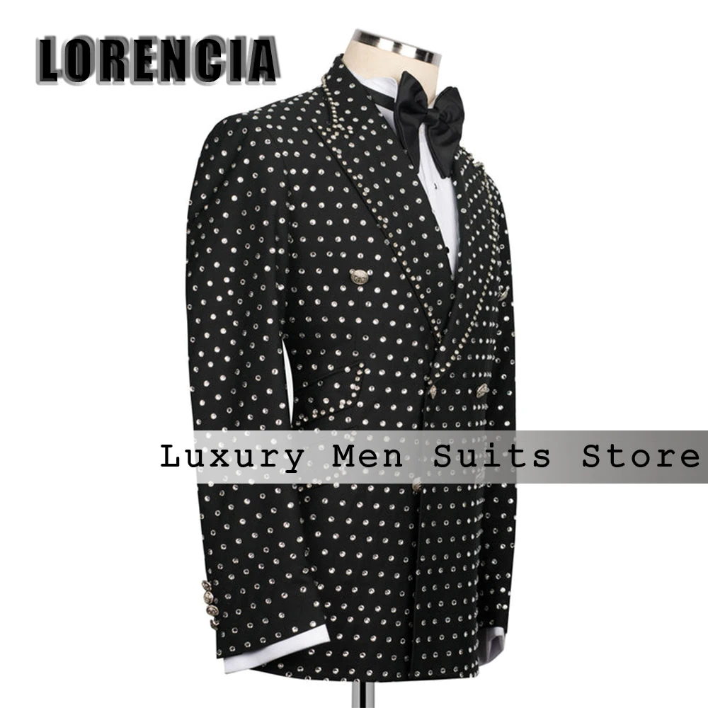 Classic Crystal Ornament Suit for Men Double Breasted Wedding Groom Tuxedo Customized Peak Label Blazer Pants trajes para hombre