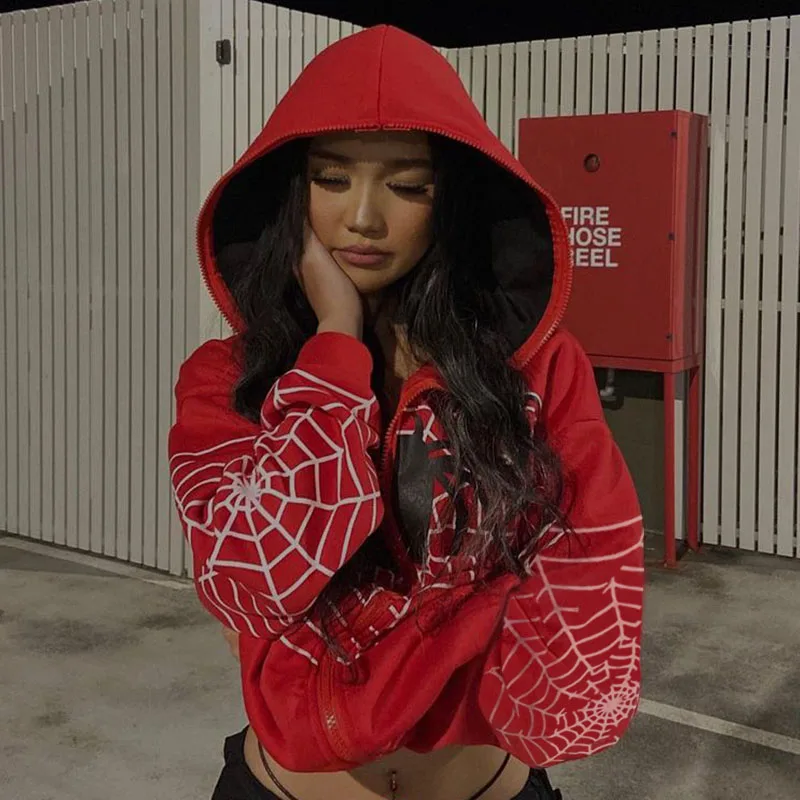 2000s Red Spider Web Print Oversized Sweatshirt Gothic Harajuku Zipper Jacket Clothes Punk Winter Woman Men Hoodie Couple Outfit