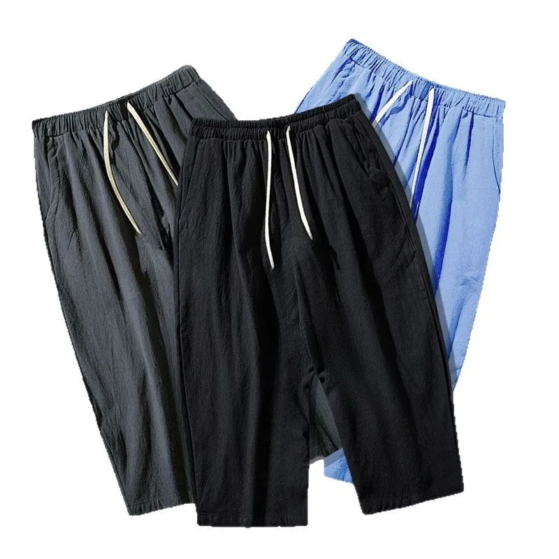 

Men's pants imitation linen fashionable casual captcha pants solid color breathable loose captcha pants street wear men's style