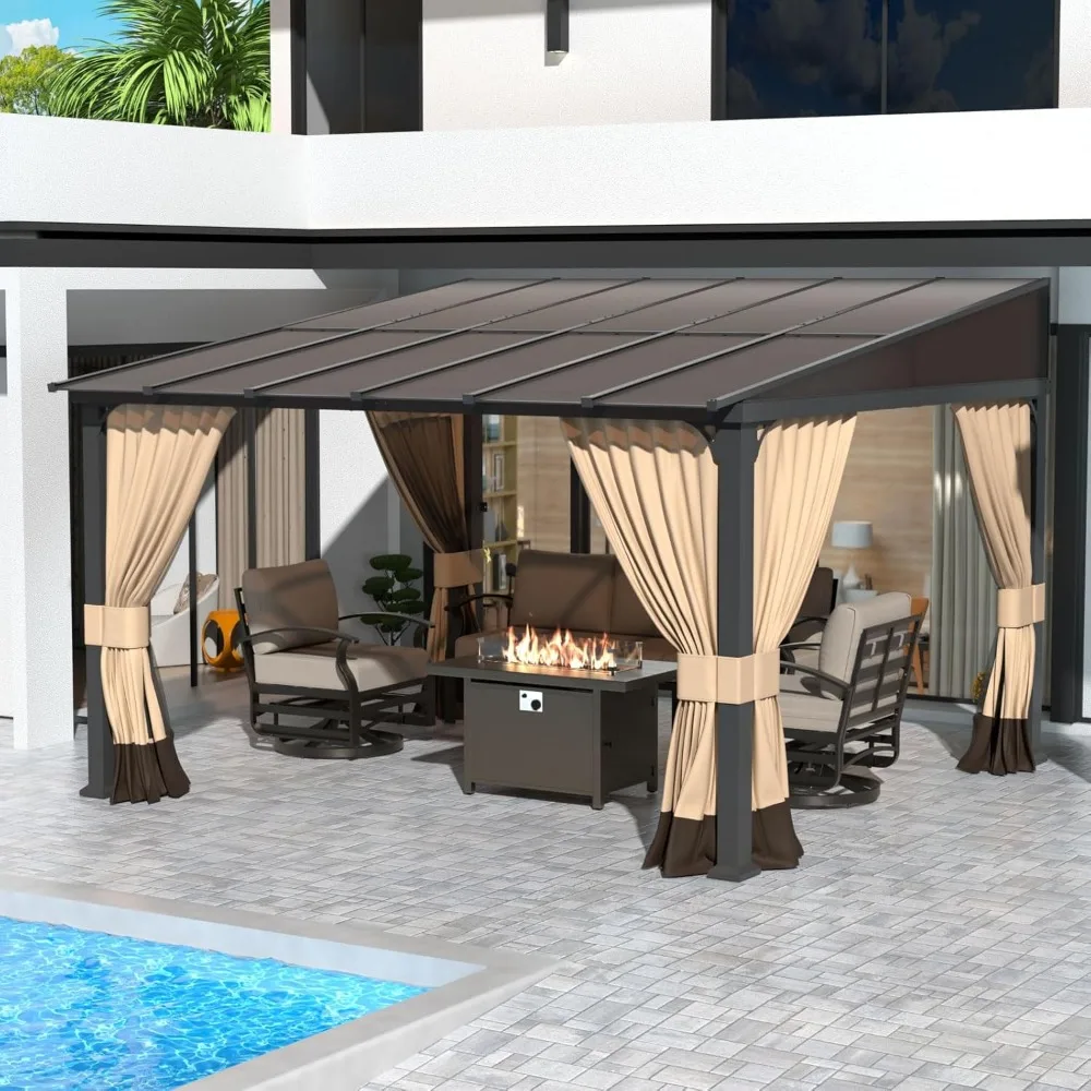 10' x 12' Outdoor Pergola Wall-Mounted Hardtop Lean to Gazebo with Sloped Roof and Double Curtains & Netting,Awnings for Patio