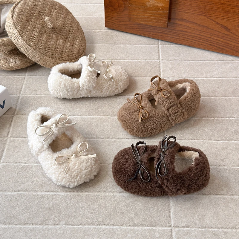 

Cute Round Toe Lambswool Ballet Flats Kid Girl Winter Warm Plush Loafers Child Brand Fur Bowknot Mary Jane Shoes 21-30