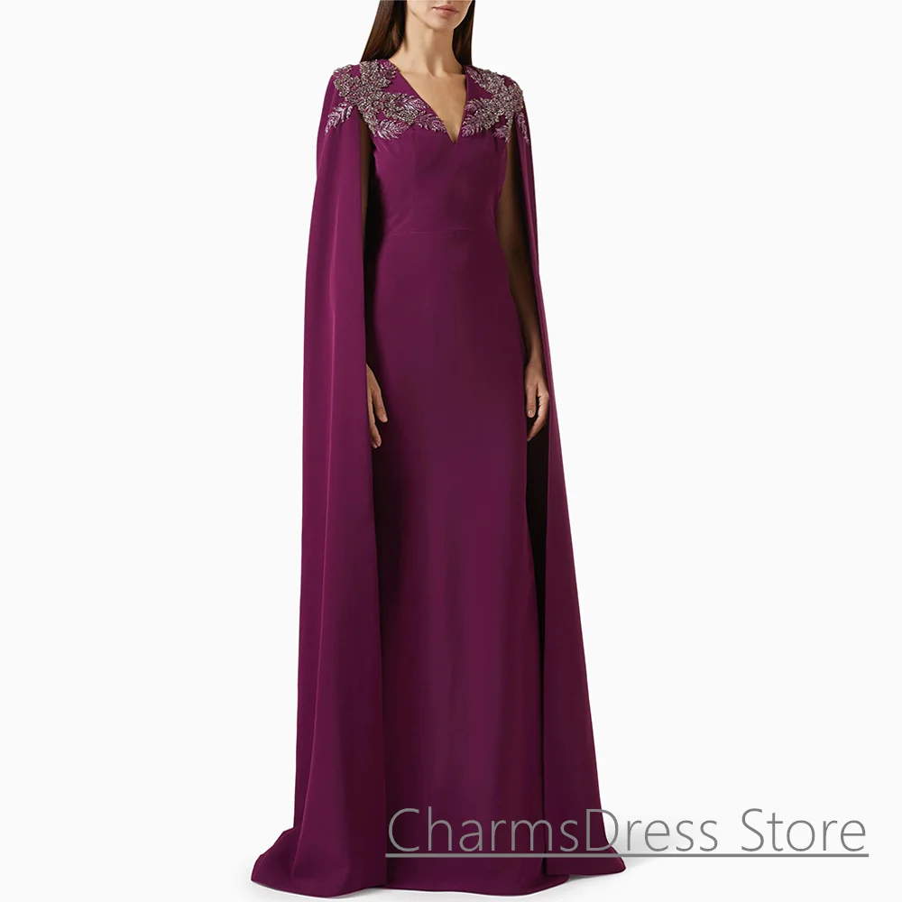 Purple Evening Dress with Cape Customized V Neck Beading Crystal Mermaid Party Gown Arabian Special Occasion Dresses