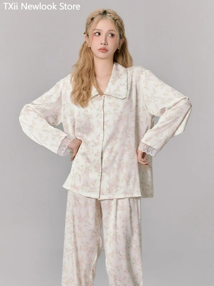 

[Splendid Flowers and Grass] Pajamas Women's Autumn 2023 New Satin Long Sleeve Home Clothes Set Women's Spring and Autumn Loose