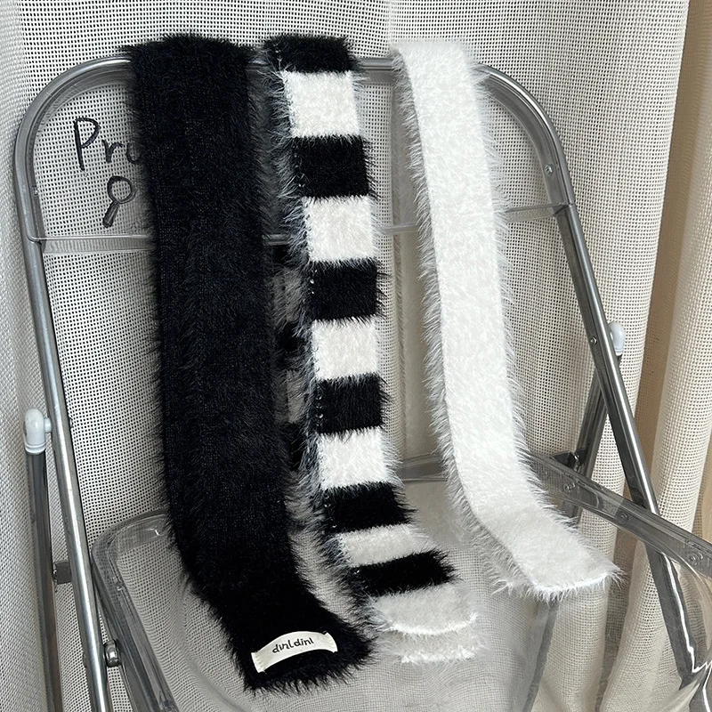 

Плюшевый Декоративный узкий шарф в форме нишевой полосы черный и белый универсальный широкий шарф Y2K для женщин