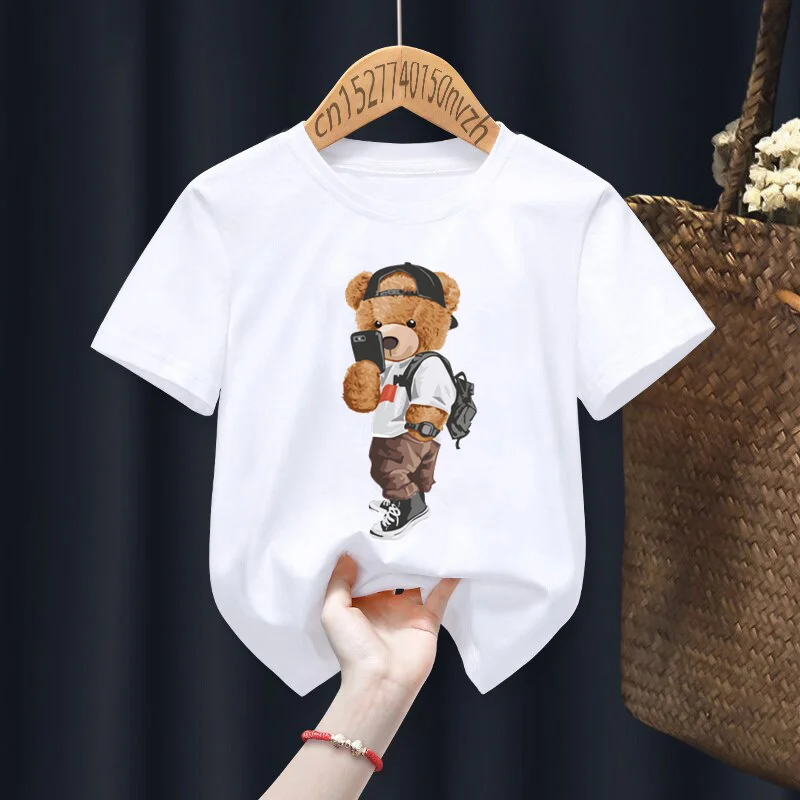 Lustige Bär Selfie Print Rot Kind T-shirts Kinder Baby Schwarz Harajuku Kawaii Kleidung Junge Mädchen Tops Geschenk Präsentieren, drop Schiff