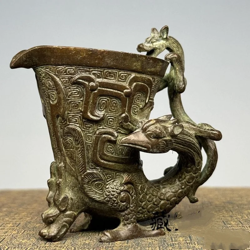 Alloy Bronze-style Dragon Cup Dragon Phoenix Beast Tripod Goblet Archaistic Carved Vessel Traditional Home Decor Ornament