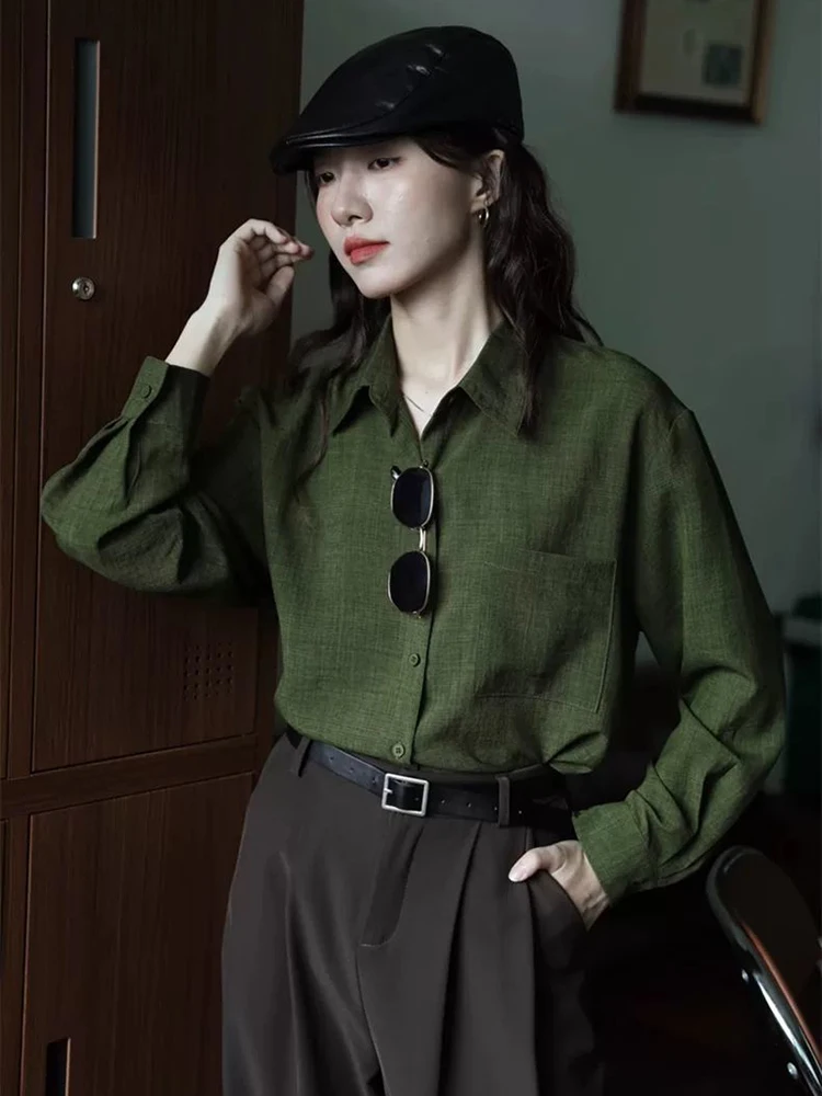 Vintage Green Shirt Women Korean Chic Fashion Long Sleeve Tops Harajuku All Match Solid Casual Office Ladies Elegant Blouse New