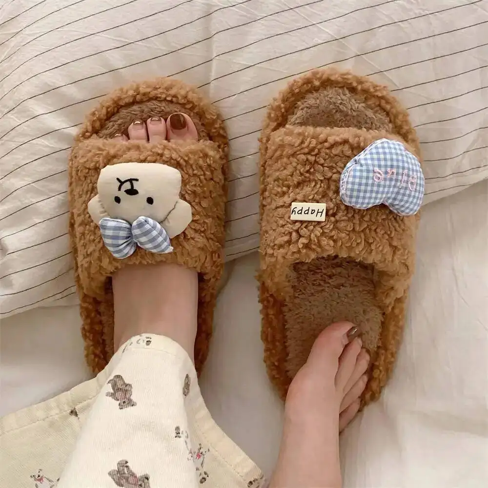 

Cute Bow Bear Furry Home Slippers Women's Autumn Winter Indoor Household Cotton Shoes Non Slip Girly Heart Design