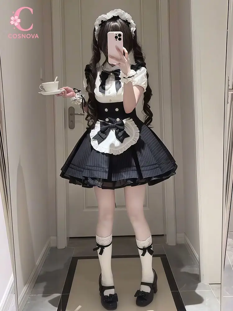 

Maid Style Sweet Lolita 2 Piece Set Women Puff Sleeve Bowknot Lace Ruffle Striped Mini Skirt Cafe Outfit Kawaii Japanese Fashion