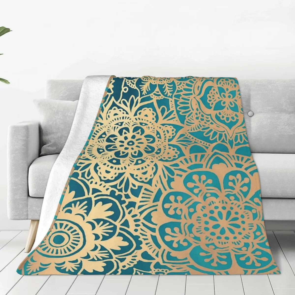 Teal Green And Gold Mandala Pattern Blanket Fleece Multi-function Sofa Throw Blankets For Couch Office Throws Bedspread Quilt